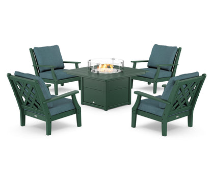 Country Living Wovendale 5-Piece Deep Seating Set with Fire Pit Table in Green / Ocean Teal