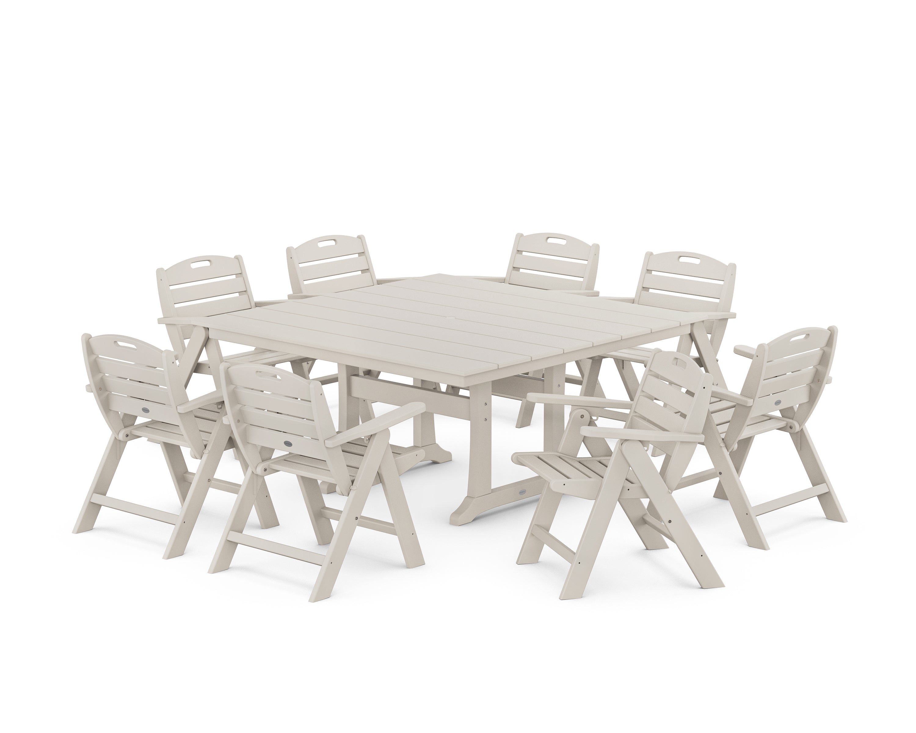 POLYWOOD® Nautical Lowback 9-Piece Square Farmhouse Dining Set with Trestle Legs in Sand