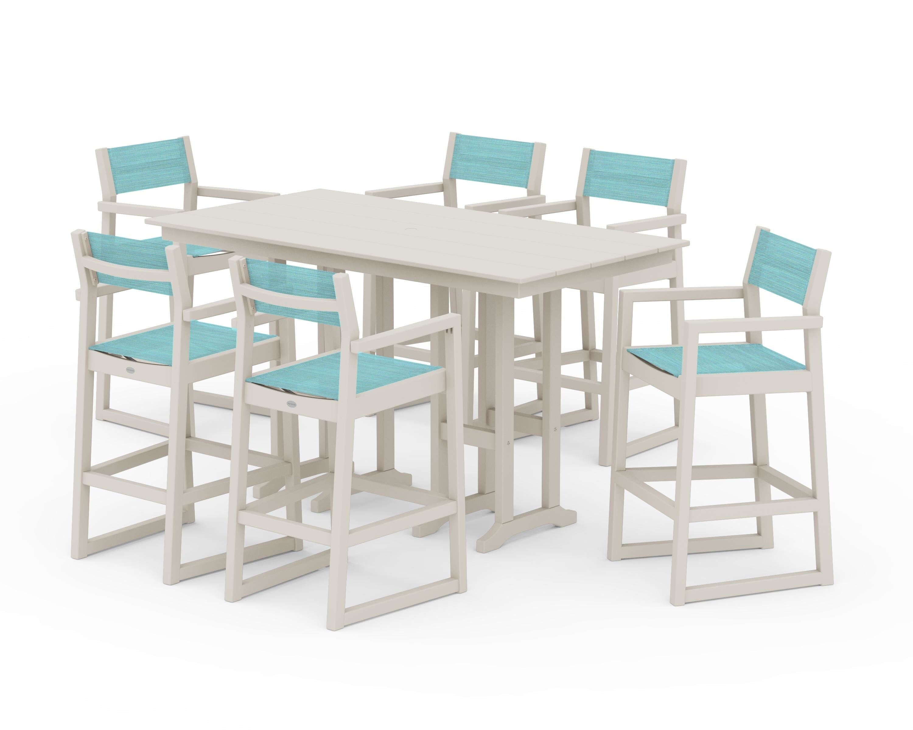 POLYWOOD® EDGE Sling Arm Chair 7-Piece Farmhouse Bar Set in Sand / Dupioni Aquamarine Sling