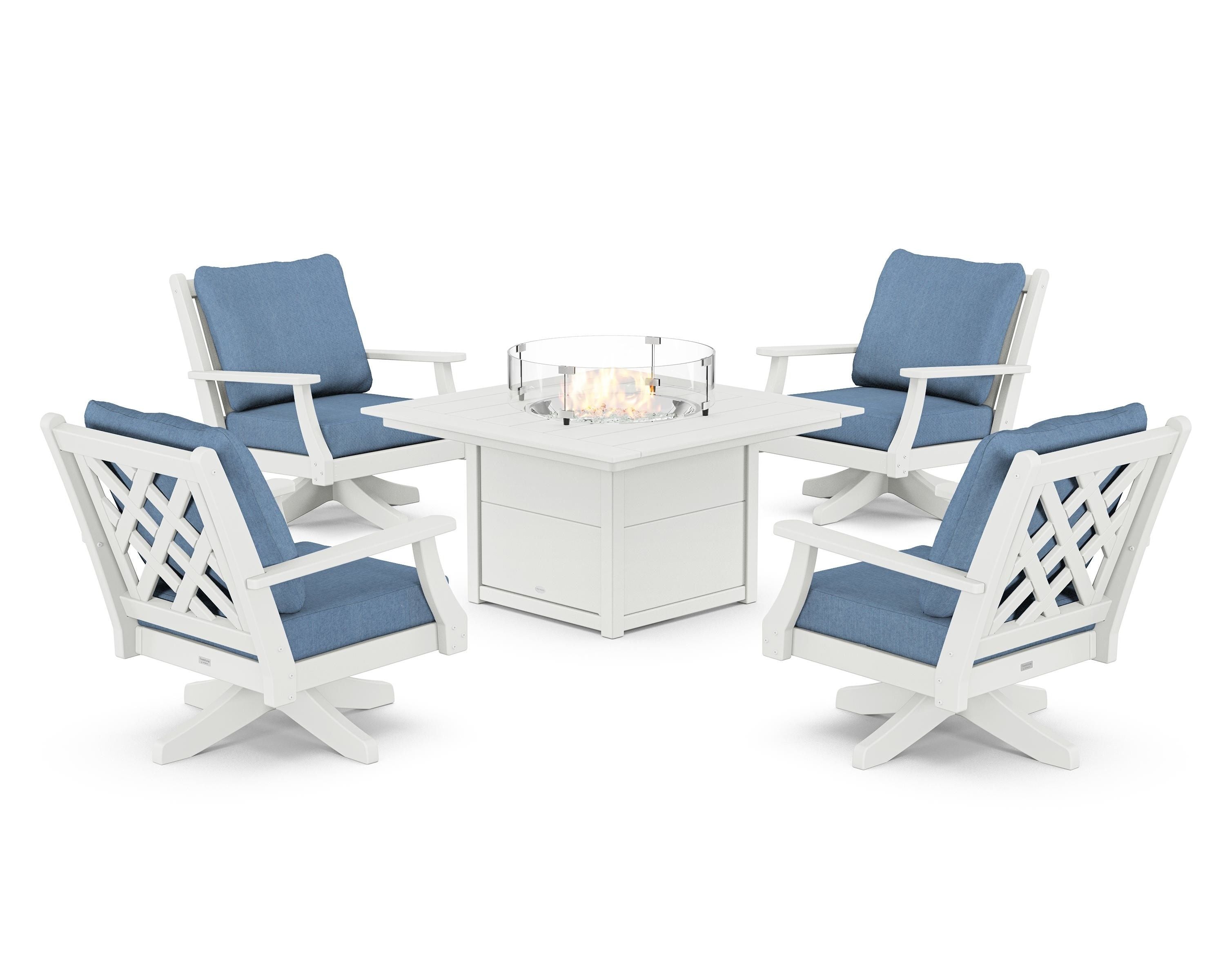 Country Living Wovendale 5-Piece Deep Seating Swivel Conversation Set with Fire Pit Table in White / Sky Blue