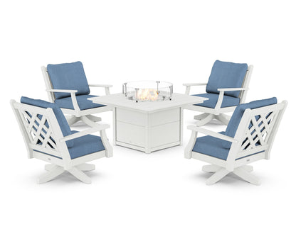 Country Living Wovendale 5-Piece Deep Seating Swivel Conversation Set with Fire Pit Table in White / Sky Blue