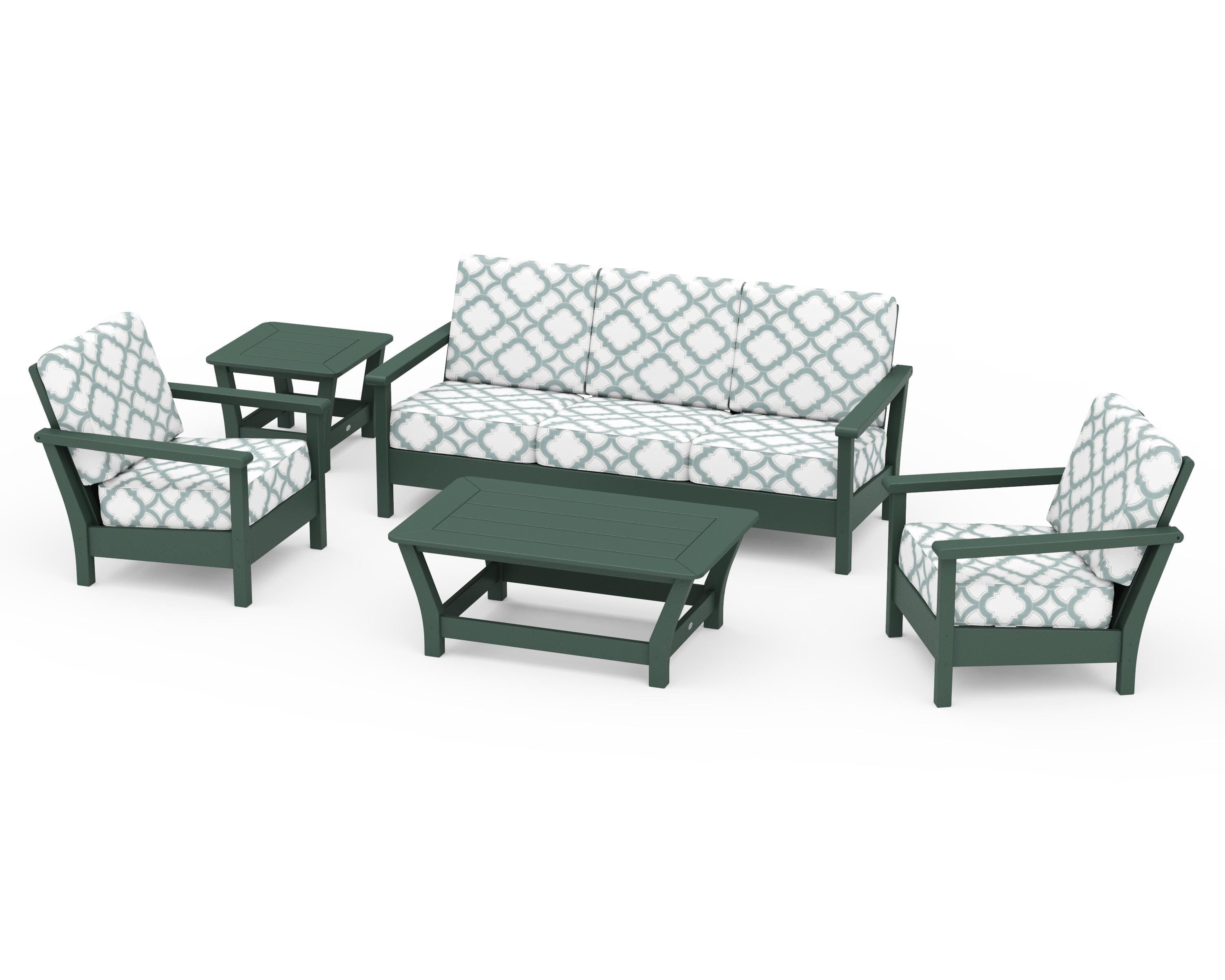 POLYWOOD® Harbour 5-Piece Deep Seating Set in Green / Trellis Glacier Spa