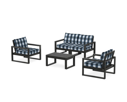 POLYWOOD® EDGE Sectional 4-Piece Deep Seating Set with Loveseat in Black / Buffalo Plaid Marine Indigo