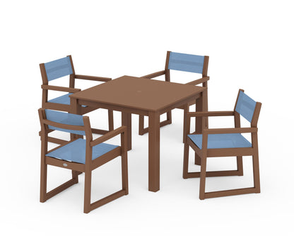 POLYWOOD® EDGE Sling Arm Chair 5-Piece Parsons Dining Set in Teak / Poolside Sling