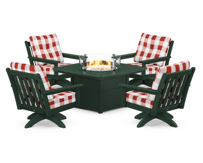 POLYWOOD® Vineyard 5-Piece Deep Seating Swivel Conversation Set with Fire Pit Table in Green / Buffalo Plaid Crimson