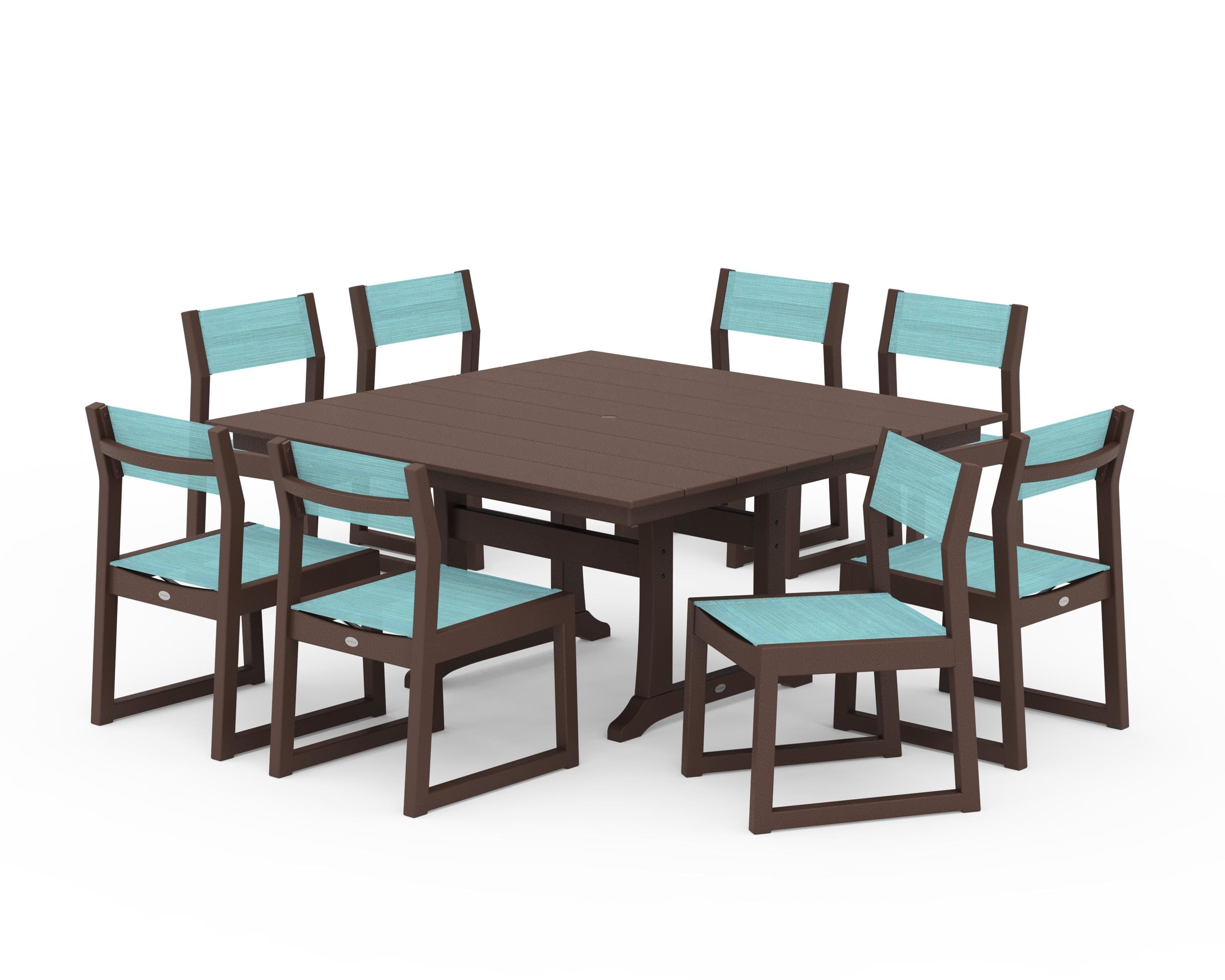 POLYWOOD® EDGE Sling Side Chair 9-Piece Farmhouse Trestle Dining Set in Mahogany / Dupioni Aquamarine Sling