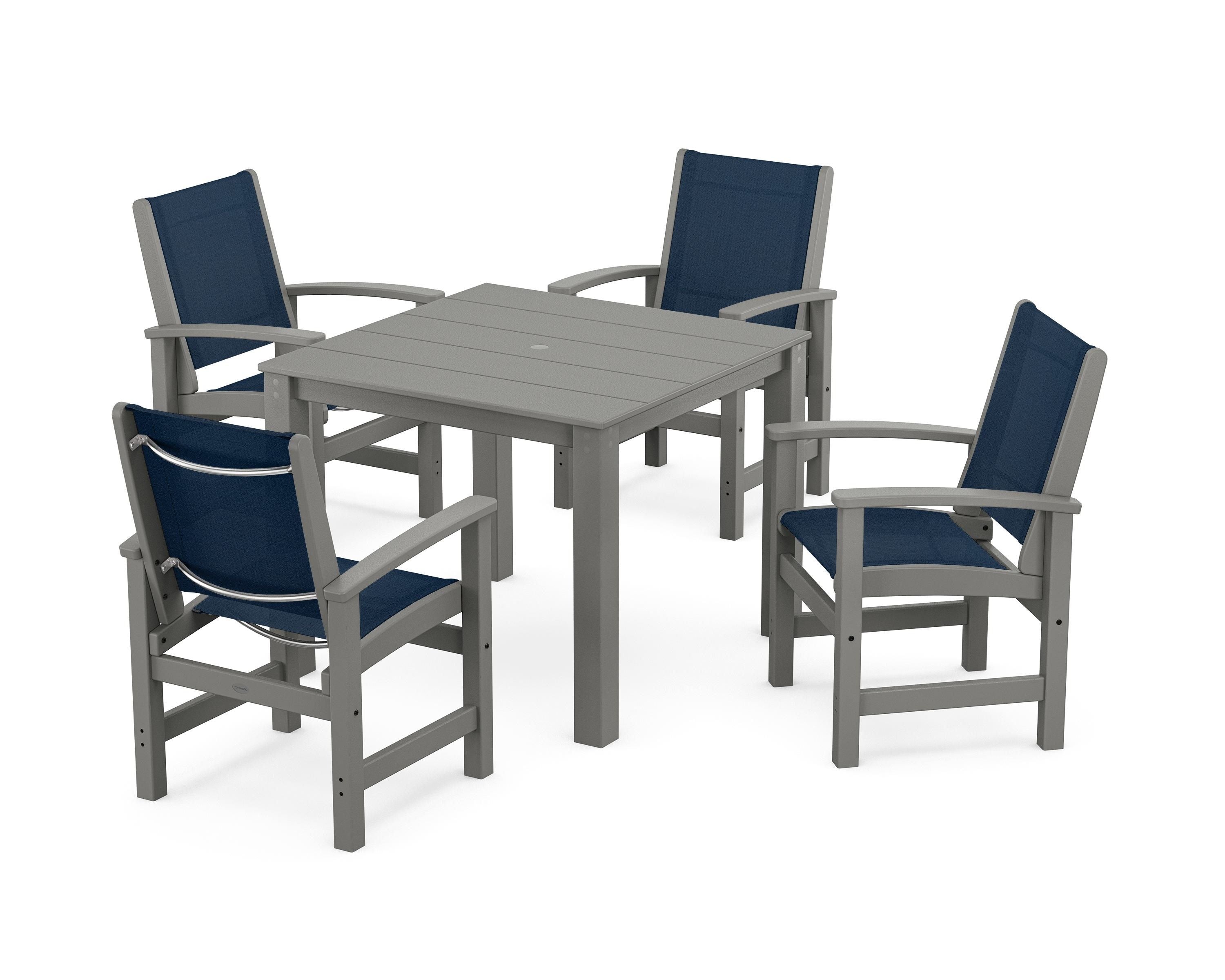POLYWOOD® Coastal 5-Piece Parsons Dining Set in Slate Grey / Navy Blue Sling