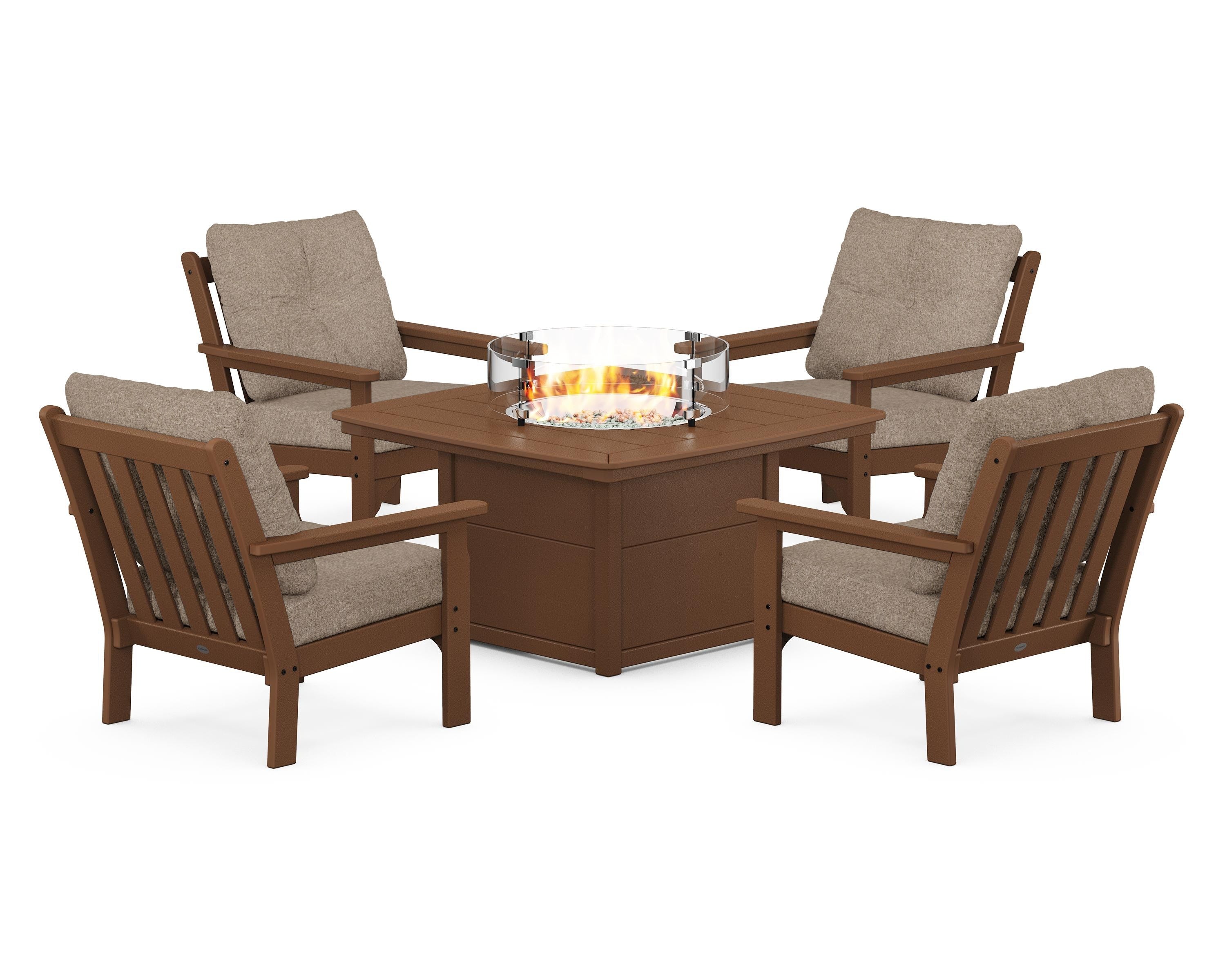 POLYWOOD® Vineyard 5-Piece Conversation Set with Fire Pit Table in Teak / Spiced Burlap