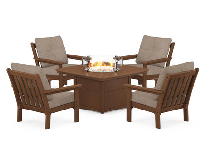 POLYWOOD® Vineyard 5-Piece Conversation Set with Fire Pit Table in Teak / Spiced Burlap