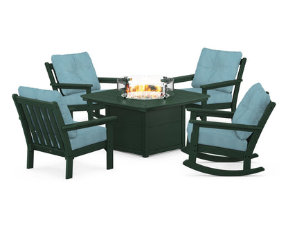 POLYWOOD® Vineyard 5-Piece Deep Seating Rocking Chair Conversation Set with Fire Pit Table in Green / Lattice Sky Blue