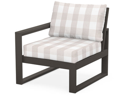 POLYWOOD® EDGE Modular Left Arm Chair in Vintage Coffee / Buffalo Plaid Dune Burlap