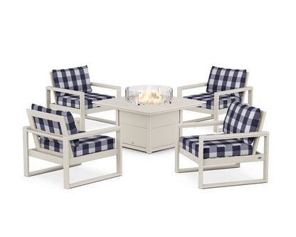 POLYWOOD® EDGE Sectional 5-Piece Deep Seating Set with Fire Pit Table in Sand / Buffalo Plaid Navy