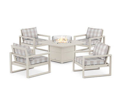 POLYWOOD® EDGE Sectional 5-Piece Deep Seating Set with Fire Pit Table in Sand / Buffalo Plaid Dune Burlap