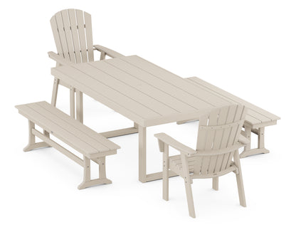 POLYWOOD® Nautical Curveback Adirondack 5-Piece Dining Set with Benches in Sand