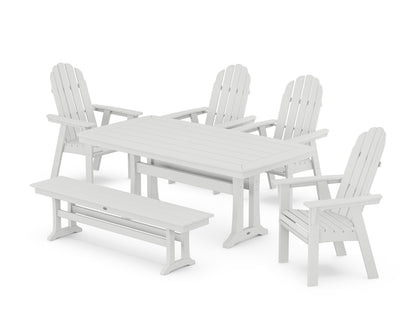 POLYWOOD® Vineyard Curveback Adirondack Chair 6-Piece Dining Set with Trestle Legs and Bench in White