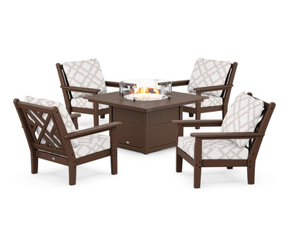 POLYWOOD® Chippendale 5-Piece Deep Seating Set with Fire Pit Table in Mahogany / Trellis Dune Burlap