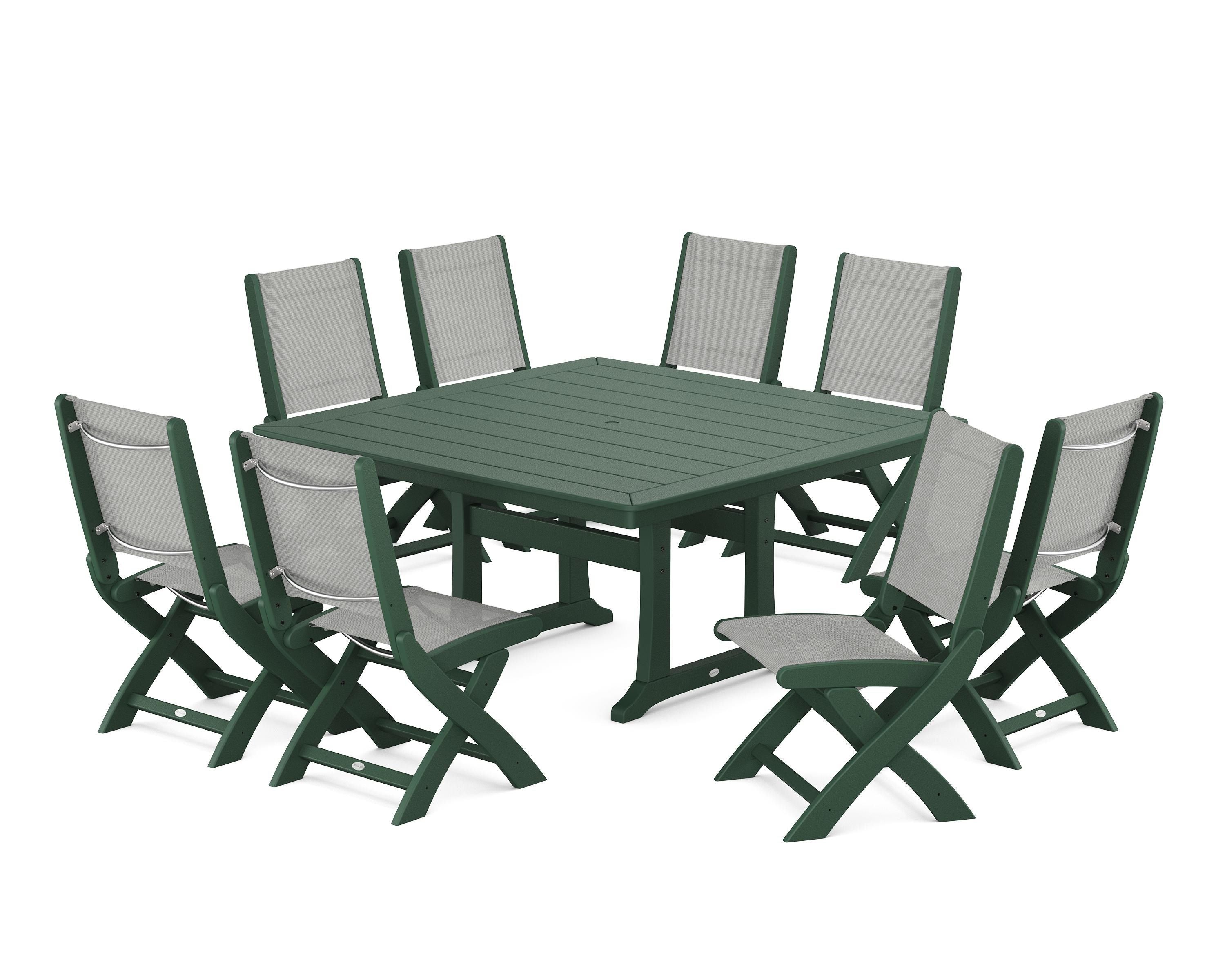 POLYWOOD® Coastal Folding Side Chair 9-Piece Dining Set with Trestle Legs in Green / Metallic Sling