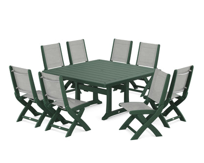 POLYWOOD® Coastal Folding Side Chair 9-Piece Dining Set with Trestle Legs in Green / Metallic Sling