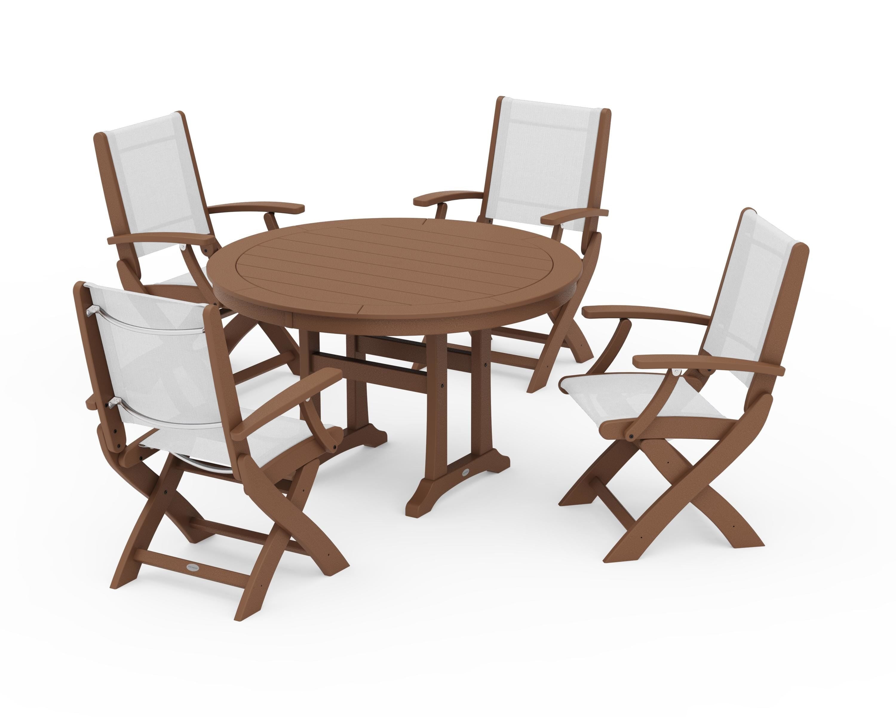 POLYWOOD® Coastal Folding Chair 5-Piece Round Dining Set with Trestle Legs in Teak / White Sling
