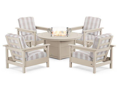 POLYWOOD® Club 5-Piece Conversation Set with Fire Pit Table in Sand / Buffalo Plaid Dune Burlap