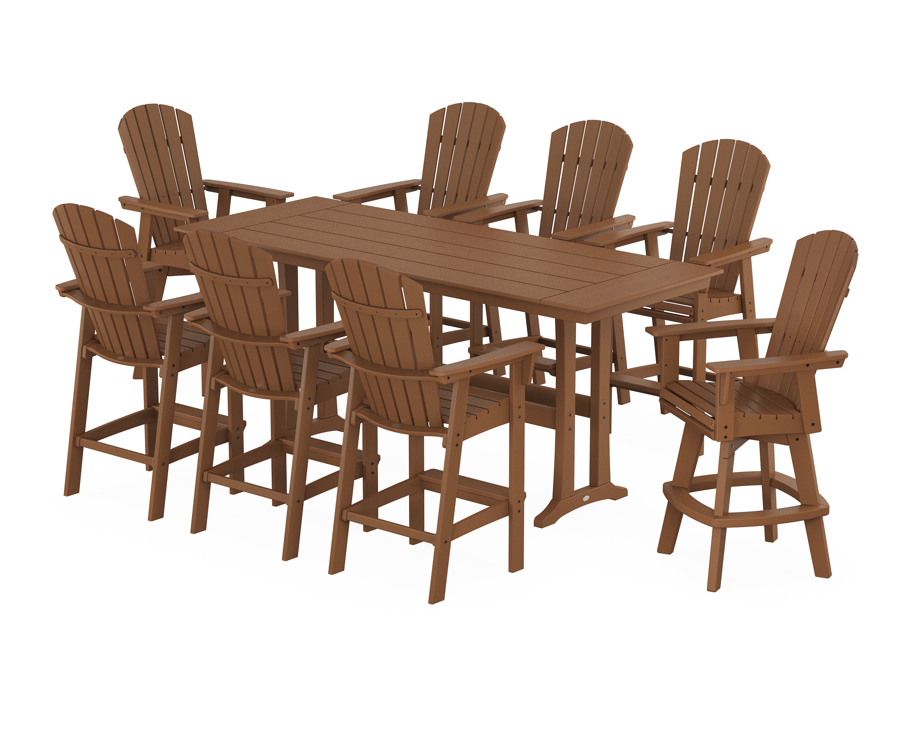 POLYWOOD® Nautical Curveback Adirondack Swivel Chair 9-Piece Farmhouse Bar Set with Trestle Legs in Teak