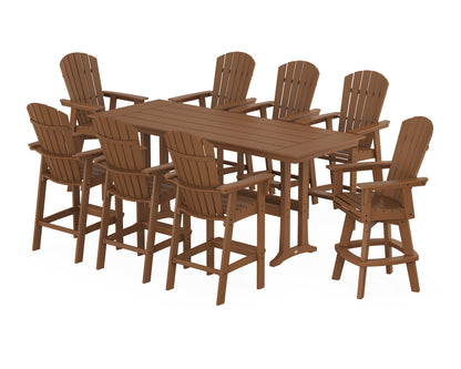 POLYWOOD® Nautical Curveback Adirondack Swivel Chair 9-Piece Farmhouse Bar Set with Trestle Legs in Teak