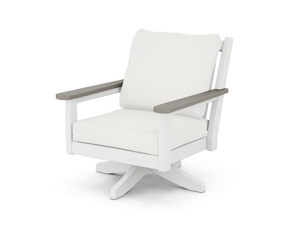 POLYWOOD® Chippendale Deep Seating Swivel Chair in White / Driftwood / Natural Linen
