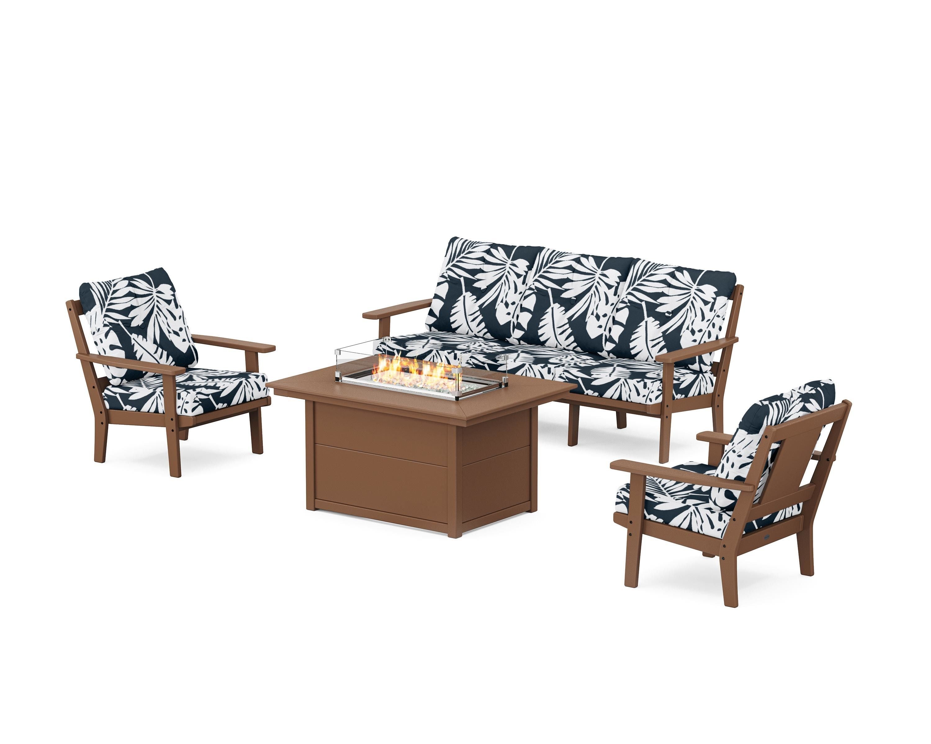 POLYWOOD® Prairie Deep Seating Fire Pit Table Set in Teak / Leaf Marine Indigo