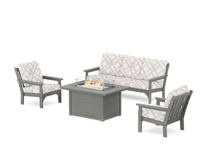 POLYWOOD® Vineyard Deep Seating Fire Pit Table Set in Slate Grey / Trellis Dune Burlap