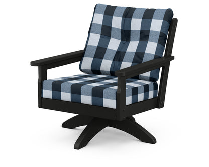 POLYWOOD® Vineyard Deep Seating Swivel Chair in Black / Buffalo Plaid Marine Indigo
