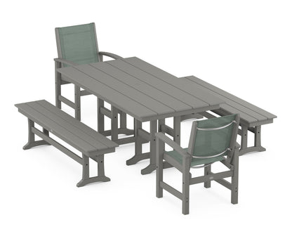 POLYWOOD® Coastal 5-Piece Farmhouse Dining Set in Slate Grey / Dupioni Sea Mist Sling