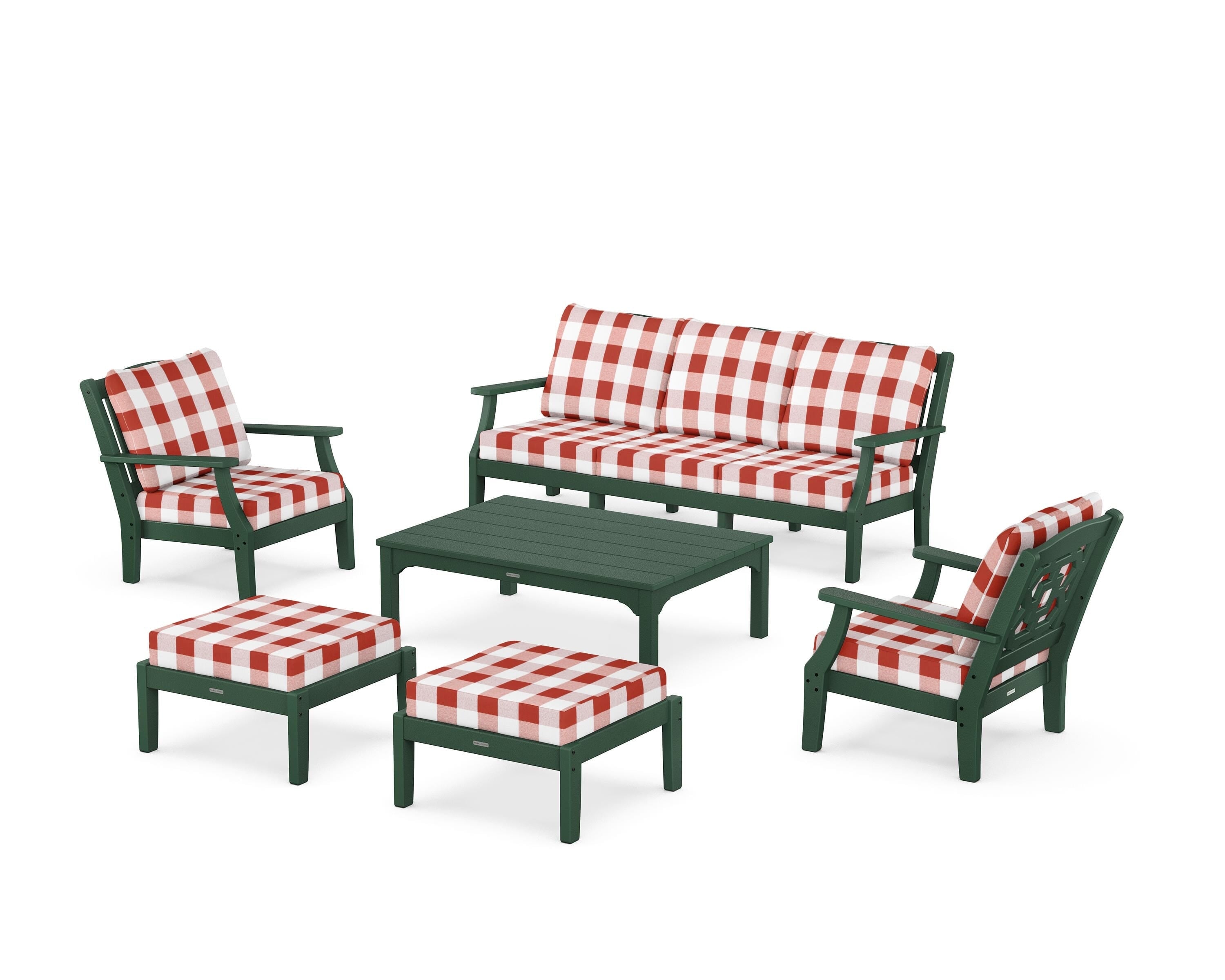 Martha Stewart by POLYWOOD® Chinoiserie 6-Piece Lounge Sofa Set in Green / Buffalo Plaid Crimson