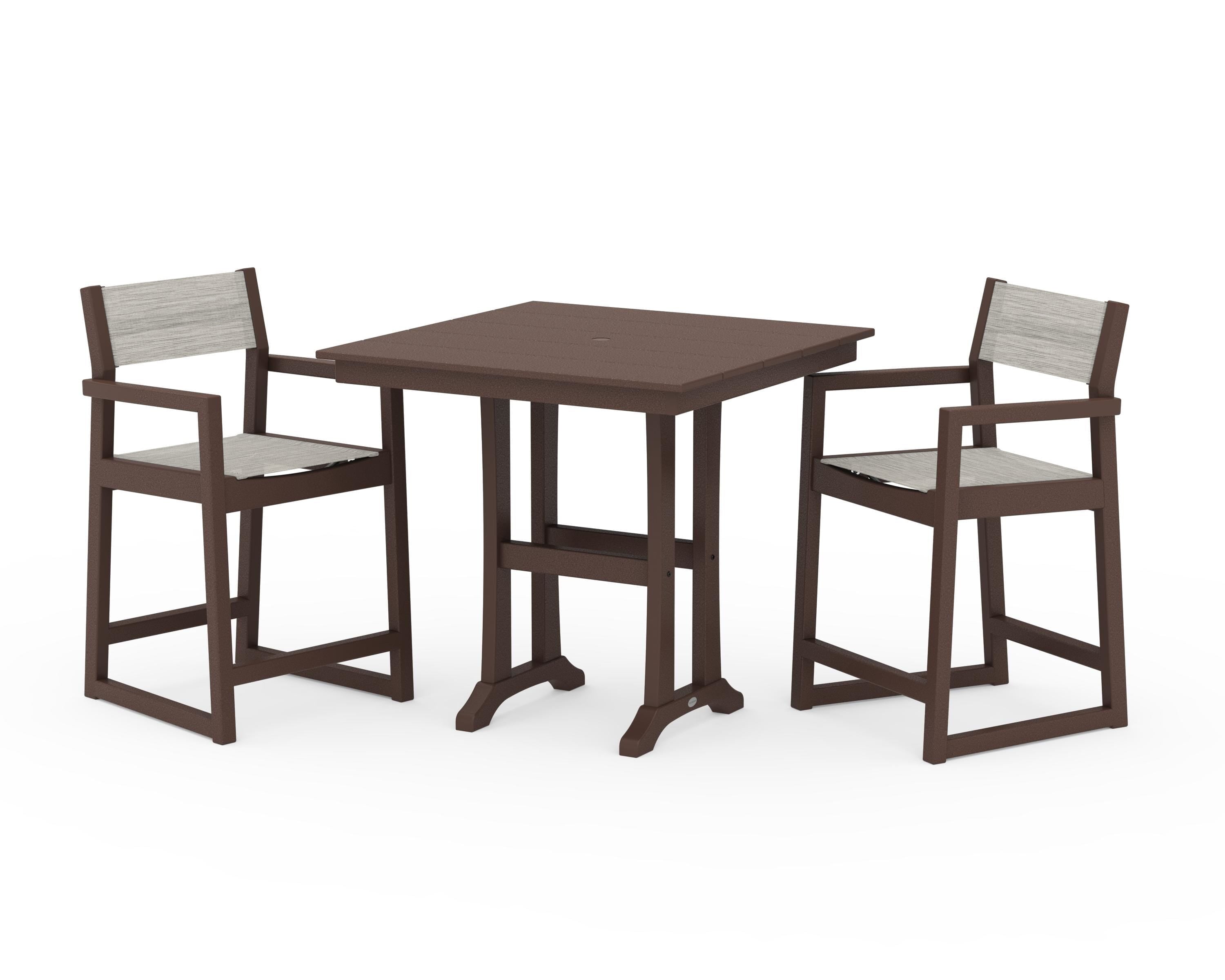 POLYWOOD® EDGE Sling Arm Chair 3-Piece Farmhouse Counter Set with Trestle Legs in Mahogany / Birch Sling
