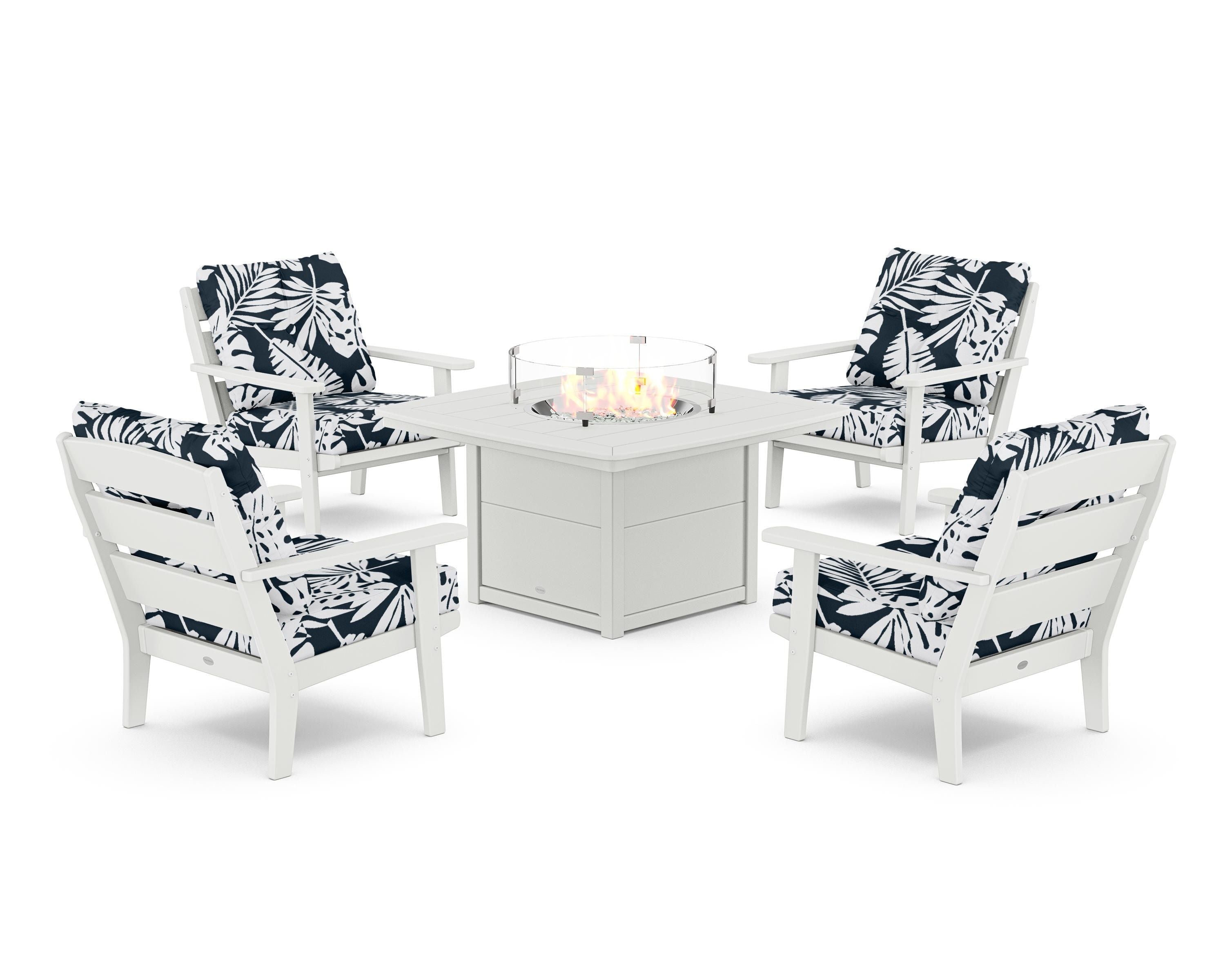 POLYWOOD® Lakeside 5-Piece Deep Seating Set with Nautical Fire Pit Table in White / Leaf Marine Indigo
