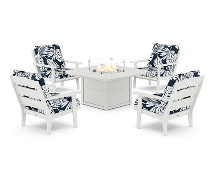 POLYWOOD® Lakeside 5-Piece Deep Seating Set with Nautical Fire Pit Table in White / Leaf Marine Indigo