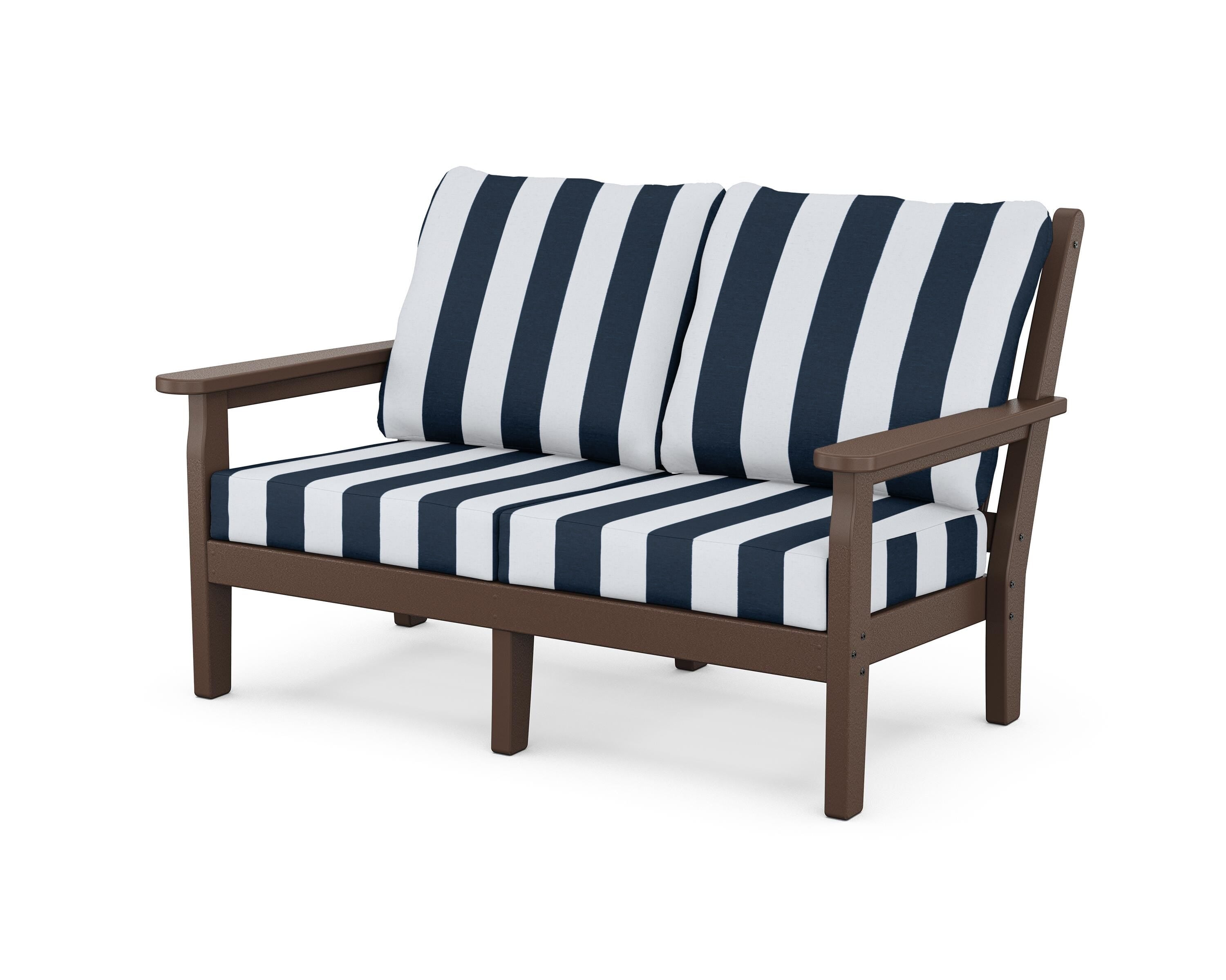 POLYWOOD® Chippendale Deep Seating Loveseat in Mahogany / Cabana Stripe Marine Indigo