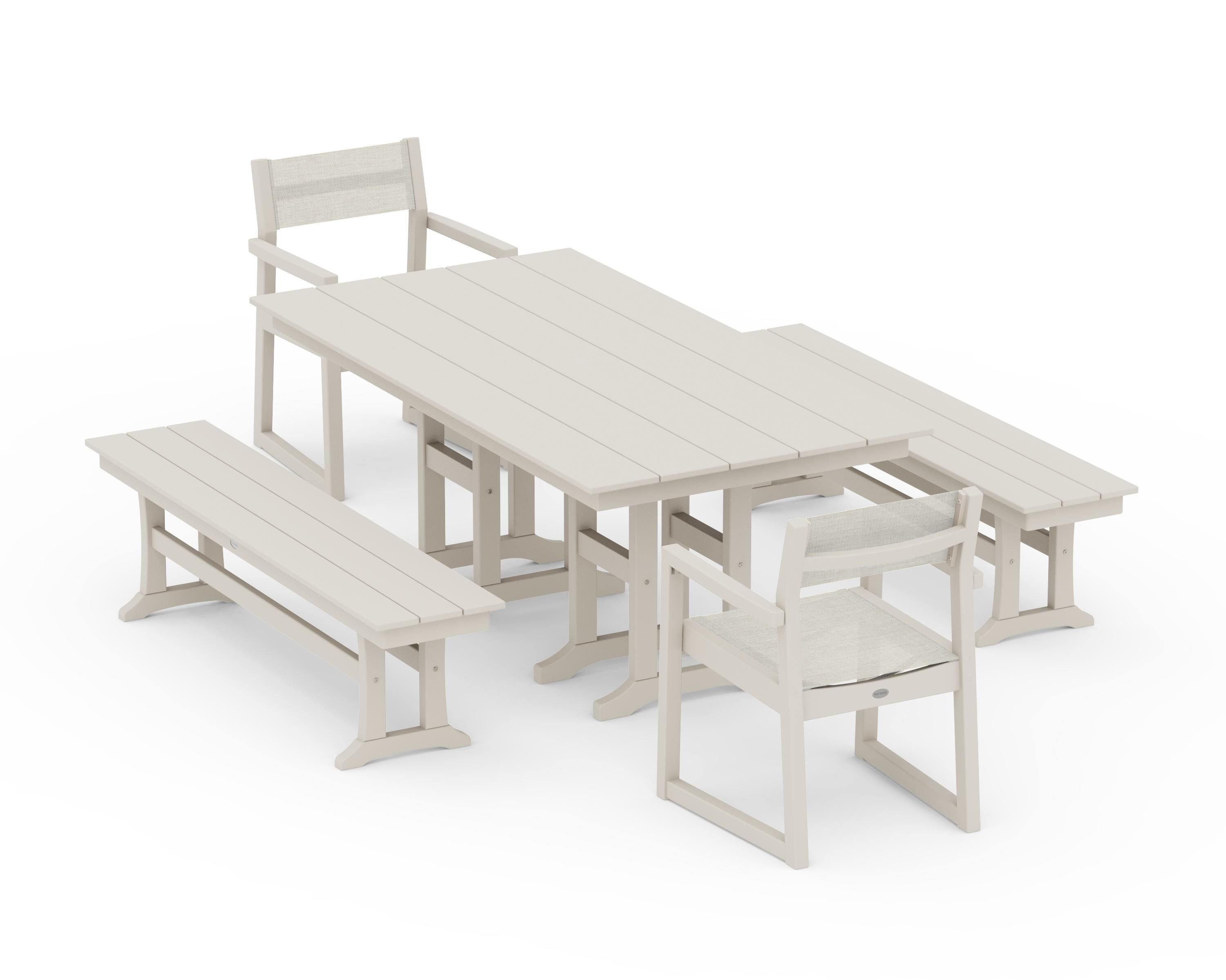 POLYWOOD® EDGE Sling Arm Chair 5-Piece Farmhouse Dining Set with Benches in Sand / Parchment Sling