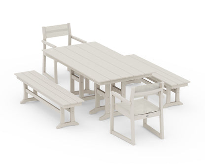 POLYWOOD® EDGE Sling Arm Chair 5-Piece Farmhouse Dining Set with Benches in Sand / Parchment Sling