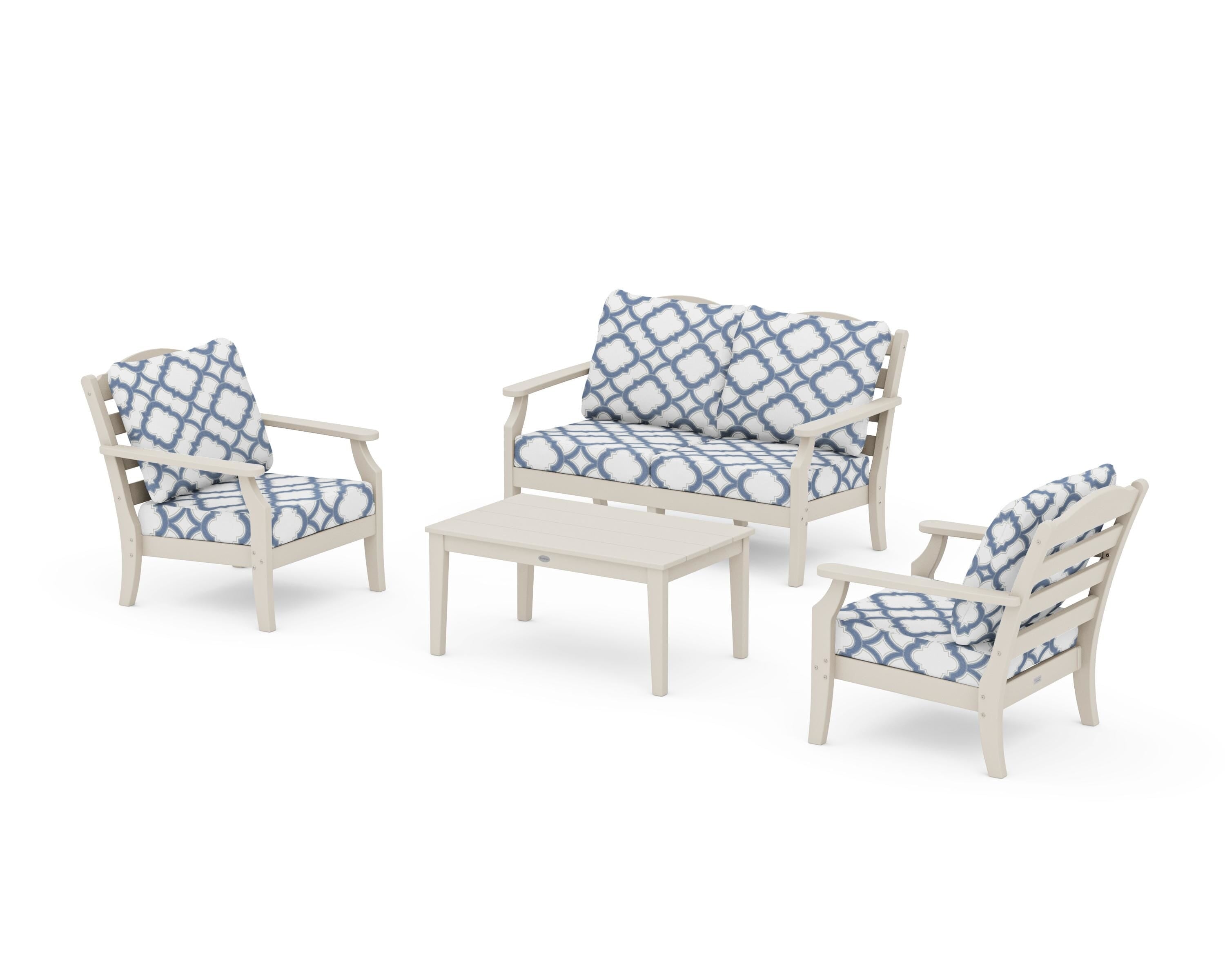 Draper James™ by  POLYWOOD® Savannah 4-Piece Deep Seating Set with Loveseat in Sand / Trellis Sky Blue