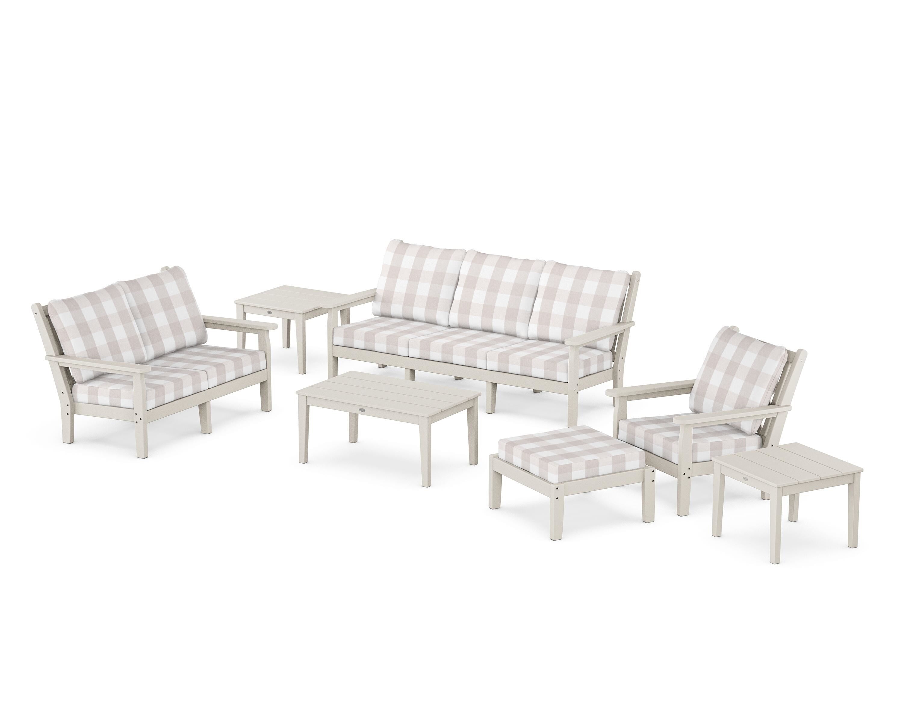 POLYWOOD® Chippendale 7-Piece Deep Seating Set in Sand / Buffalo Plaid Dune Burlap