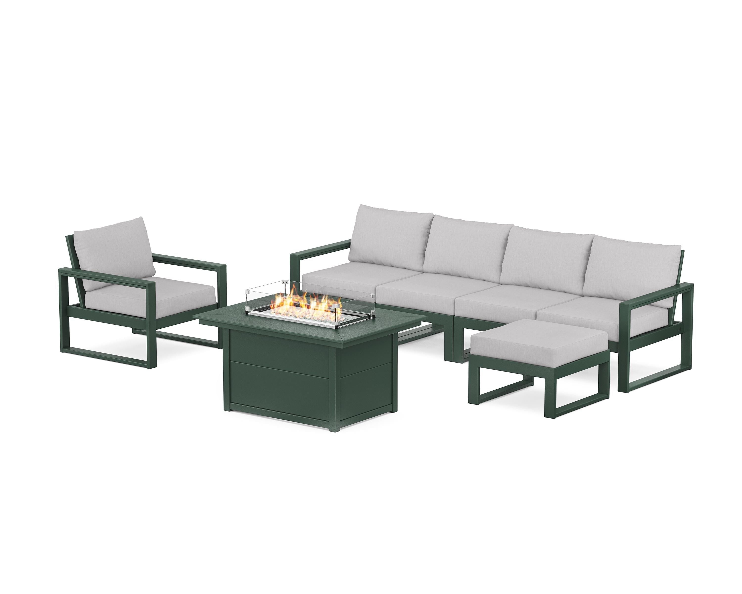 POLYWOOD® EDGE Sectional Lounge and Fire Pit Set in Green / Granite