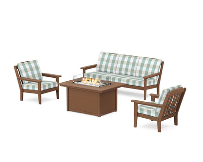 Country Living Cottage Deep Seating Fire Pit Table Set in Teak / Buffalo Plaid Glacier Spa