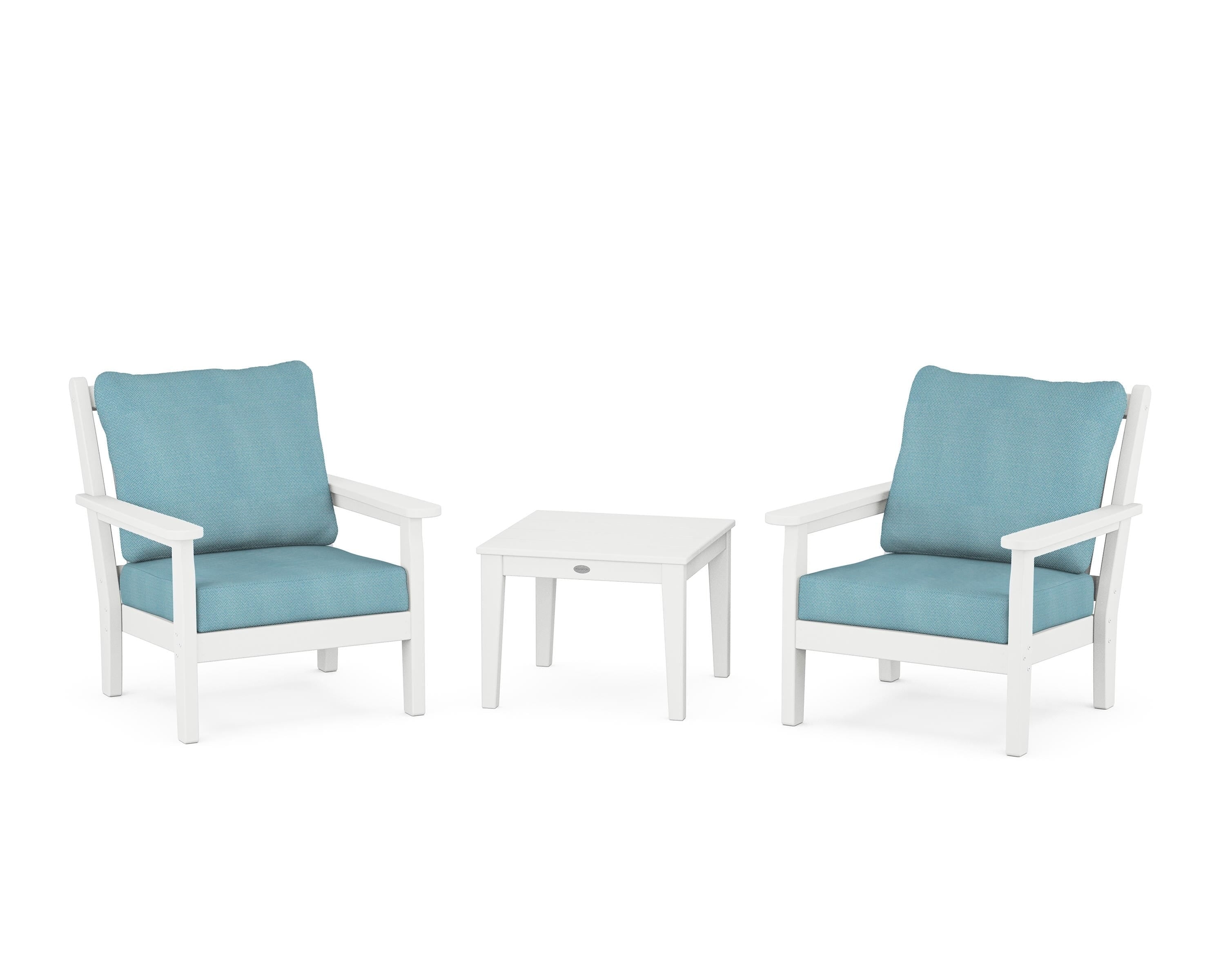 POLYWOOD® Chippendale 3-Piece Deep Seating Set in White / Lattice Sky Blue