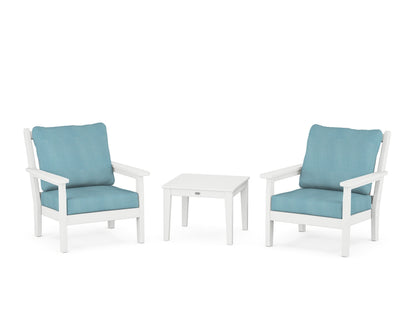 POLYWOOD® Chippendale 3-Piece Deep Seating Set in White / Lattice Sky Blue
