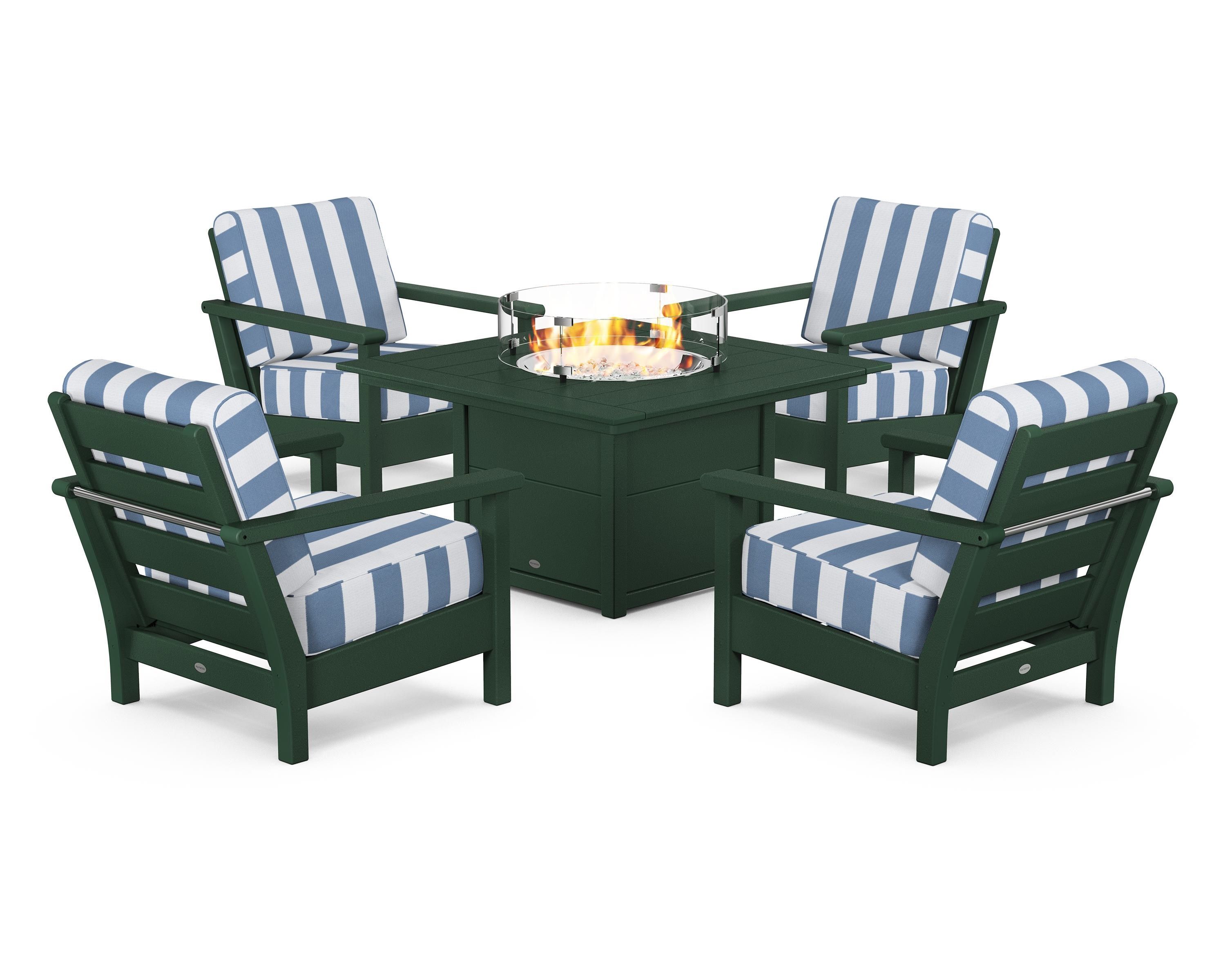 POLYWOOD® Harbour 5-Piece Conversation Set with Fire Pit Table in Green / Cabana Stripe Sky Blue