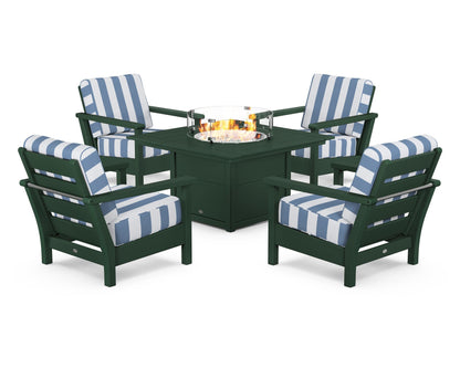 POLYWOOD® Harbour 5-Piece Conversation Set with Fire Pit Table in Green / Cabana Stripe Sky Blue