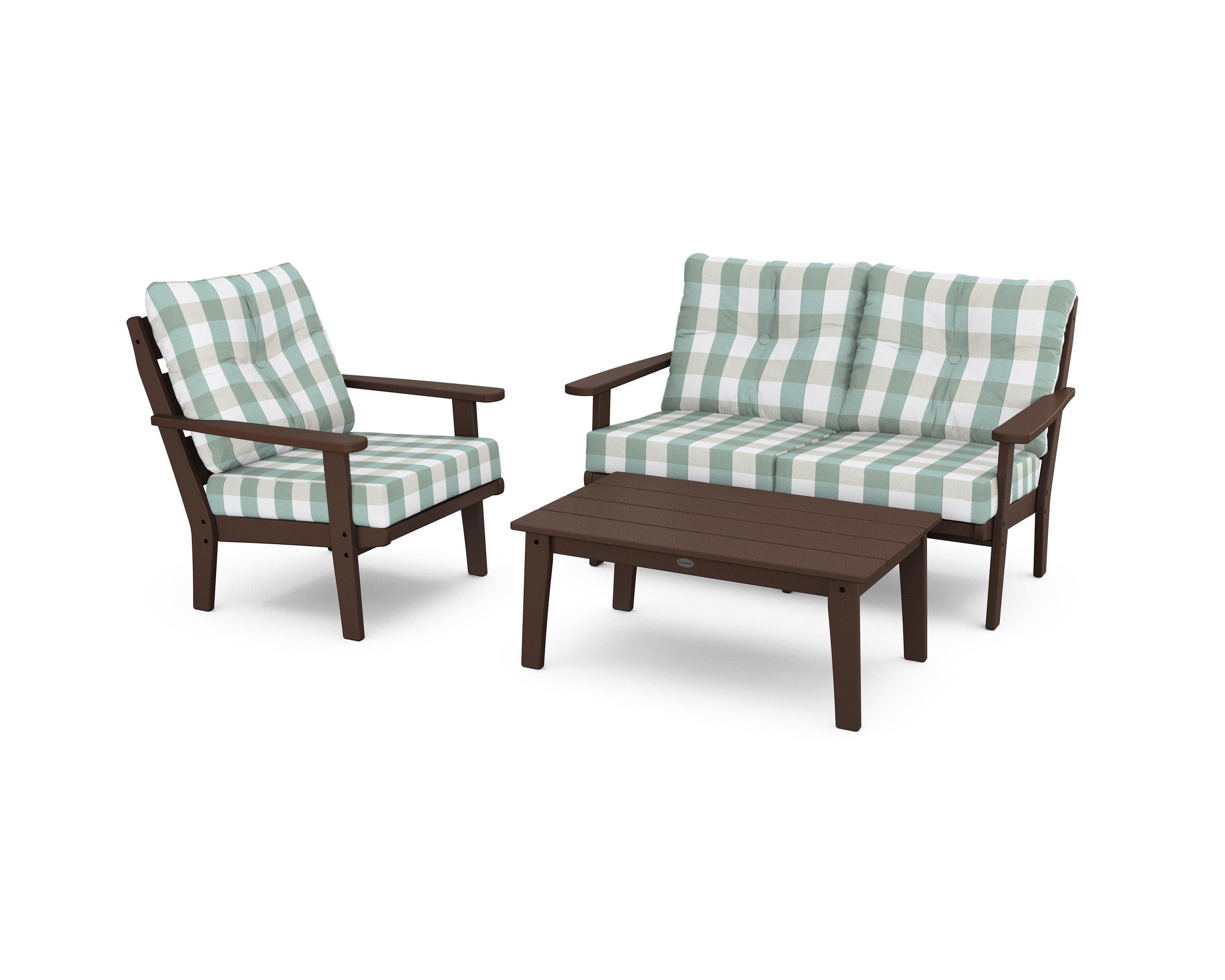 POLYWOOD® Lakeside 3-Piece Deep Seating Set in Mahogany / Buffalo Plaid Glacier Spa