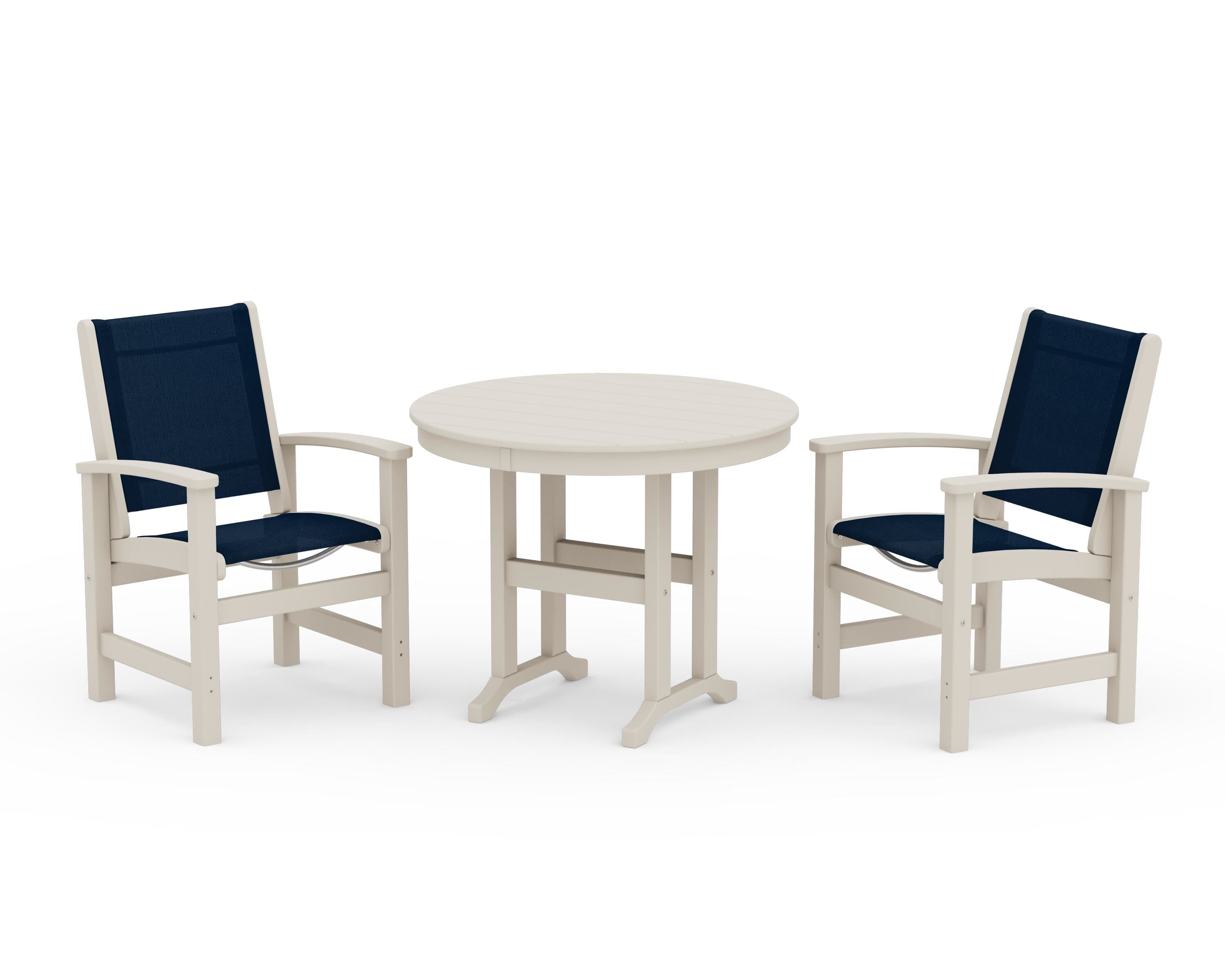 POLYWOOD® Coastal 3-Piece Round Dining Set in Sand / Navy Blue Sling