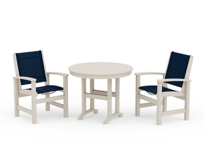 POLYWOOD® Coastal 3-Piece Round Dining Set in Sand / Navy Blue Sling