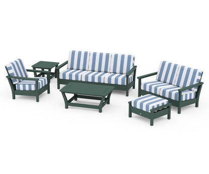 POLYWOOD® Harbour 6-Piece Outdoor Living Set in Green / Cabana Stripe Sky Blue